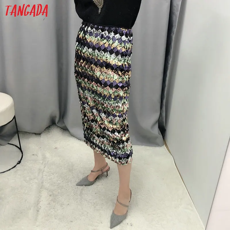 Tangada Женская юбка-карандаш с блестками, эластичная талия, винтажная элегантная женская юбка для вечеринки, Ретро стиль, юбки до середины икры BE86