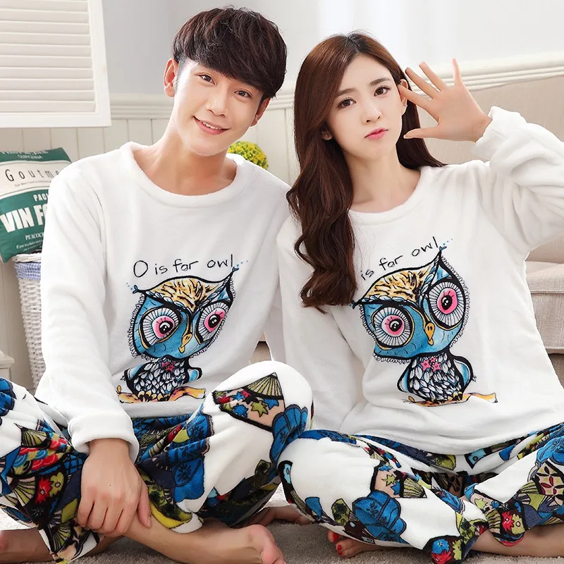 

Plus Size Couples Cute Cartoon Owl Thick Warm Flannel Pajamas Sets for Women Winter Coral Velvet Sleepwear Men Homewear Clothes