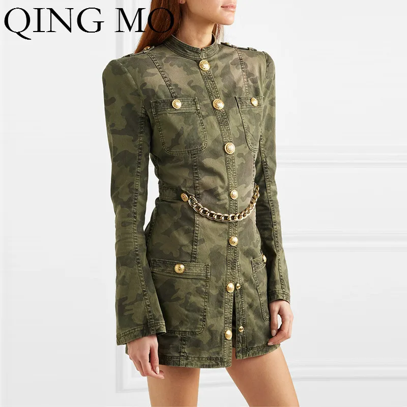 

QING MO Spring Women Sheath Dress 2020 Women Camouflage Dress With Chain Female Personality Dress Slim ZQY3356