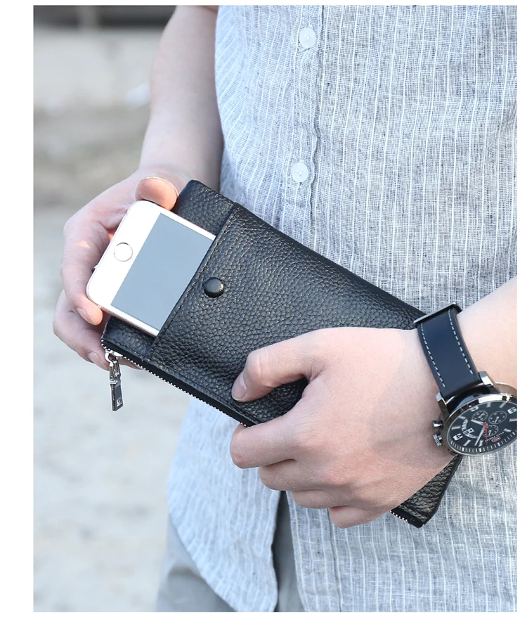 Мужской кожаный Длинный кошелек на молнии, простая Сумочка, кожаная маленькая сумка для мобильного телефона, сумочка для монет, посылка для карт, черный цвет
