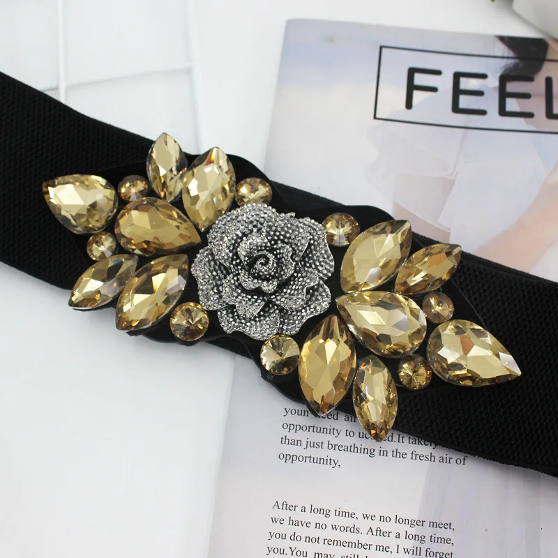 ladies belts for dresses Female Rose Flower Rhinestone Elastic Waistband Tight Black Belt for Women Waist Cinch Band Dress Overcoat Clothing Accessories black waist belt