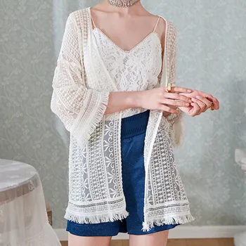 

Women silk shawl jacket White embroidere loose long sleeve tassel temperament lady shawl jacket 2020 spring summer new