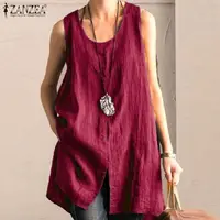 2025 Summer Women's Long Tanks Tops ZANZEA Woman Cotton Linen Breathable Sleeveless Slit Blouses Casual Loose Solid Color Tees - Image 3