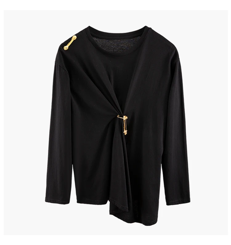 autumn new metal pin decoration fold round neck long sleeve irregular T-shirt female slim fashion