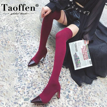 

TAOFFEN Woman High Heel Boots Real Leather Elastic Woman Over Knee Boots Fashion Party Winter Shoes Woman Footwear Size 34-42