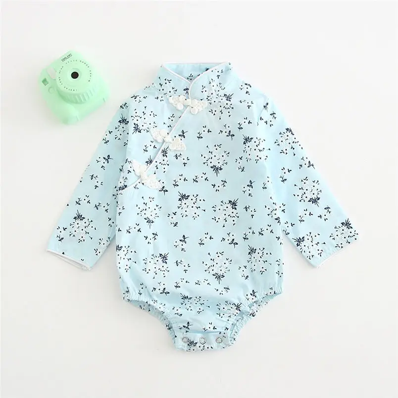 blue Китайский стиль cheongsam дизайн новорожденных девочек комбинезон с длинными рукавами цветочный комбинезон для новорожденных детей комбинезоны детские наряды - Цвет: blue