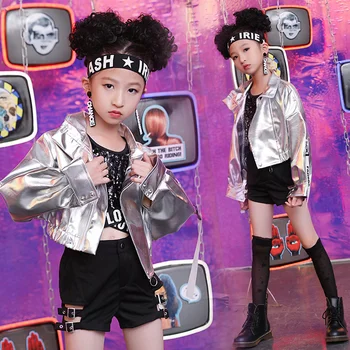 

Girls Street Hip Hop Dance Costume Kids Jazz Dance Silver Coat Children Stage Wear Performing Suit Hip Hop Clothes Kids VDB1161