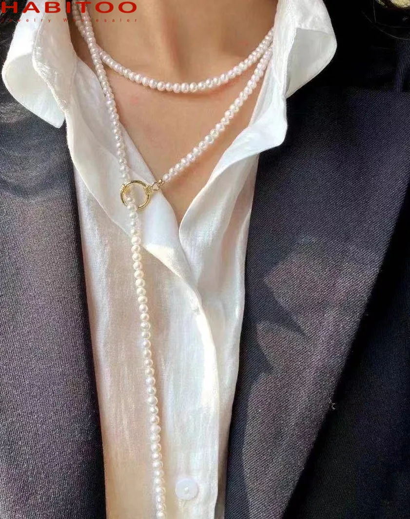 

HABITOO 48'' 6-7mm Natural white Freshwater Pearl necklace 14k Gold Filled OT clasp Jewelry for Women 2021 Gift New Fashion