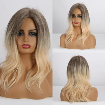 

EASIHAIR Brown to Blonde Ombre Synthetic Wigs Medium Length Wavy Wigs for Women Heat Resistant Natural Daily Wig High Density