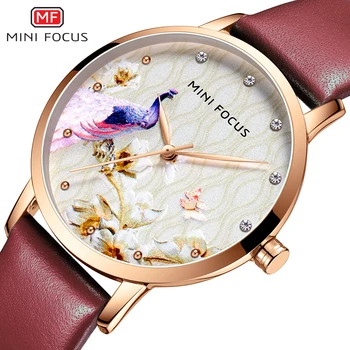 

MINIFOCUS Fashion Girl Quartz Watch Lady Leather Strap Women Wristwatch Ladies Watches Crystal Rose Gold Red relogio feminino