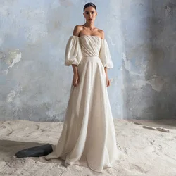 LOVE Off-The-Shoulder Ivory Wedding Dresses for Women Feathers Half Sleeve Beach Bridal Gowns Court Train Sequined Pleat Lace-Up