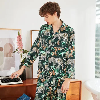 

Luxury Soft Silk Pajamas Pyjamas Men Spring Long Sleeve Trousers Leopard Print Homewear Sleeping Clothing Set