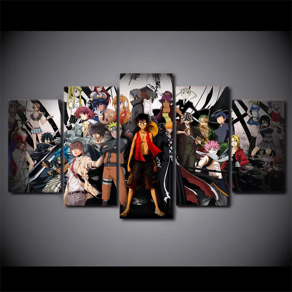One Piece Аниме персонажи Луффи 5 панелей настенное искусство домашний декор картины