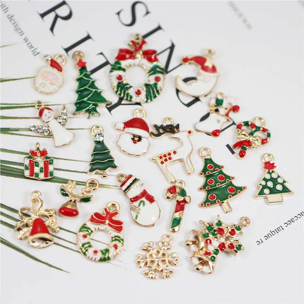 19pcs Colorful Enamel Alloy Xmas Santa Claus Head Charms Pendant Jewelry