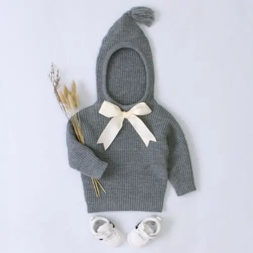 Осенне-зимняя вязаная для маленьких девочек; теплый свитер с капюшоном для новорожденных; однотонная Одежда с бантом - Цвет: A