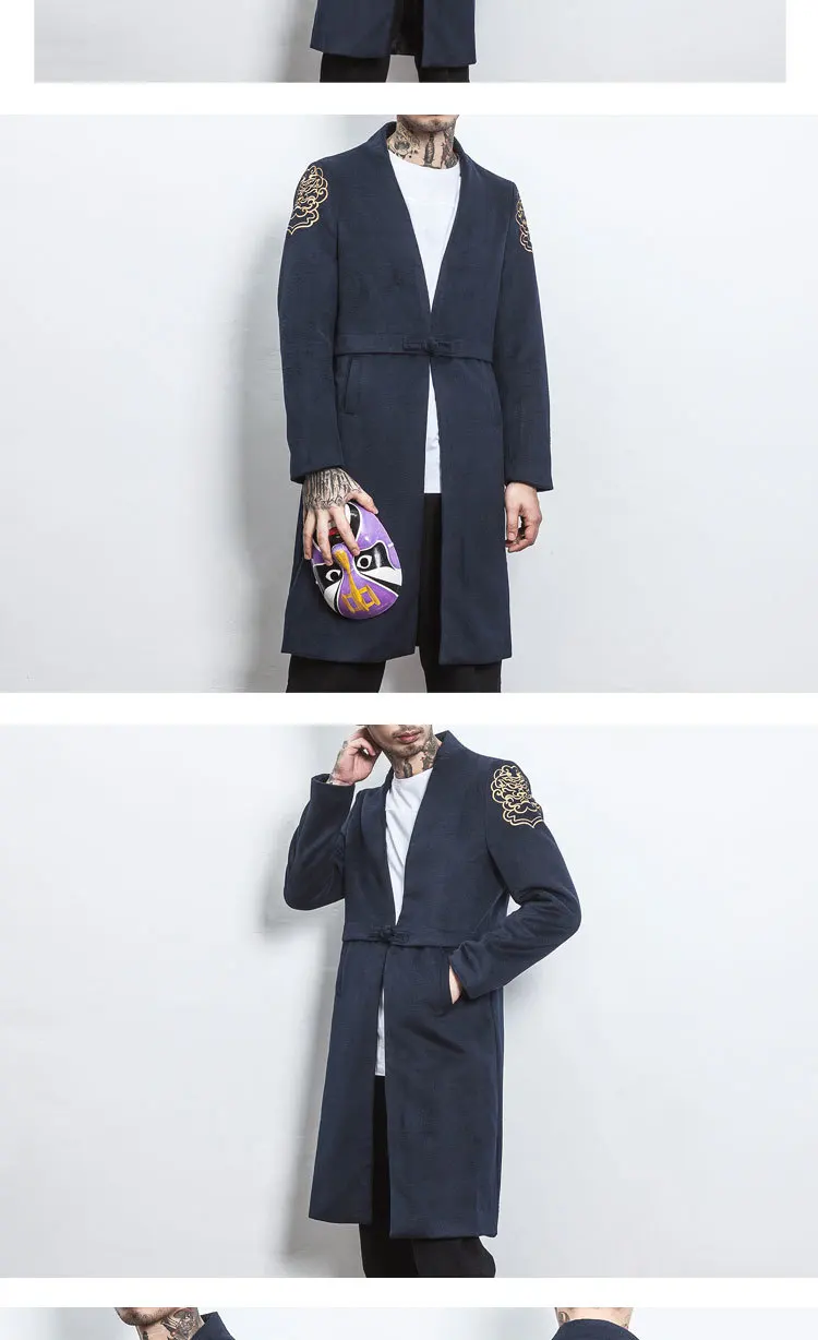 Chinese Style Autumn Winter Gold Embroidery Mid Long Coat Men Chaqueta Hombre Navy Red Frog Button Overcoat 5xl