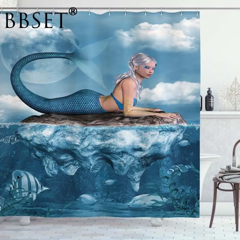Занавеска для душа с изображением русалки тканевая Водонепроницаемая шторка