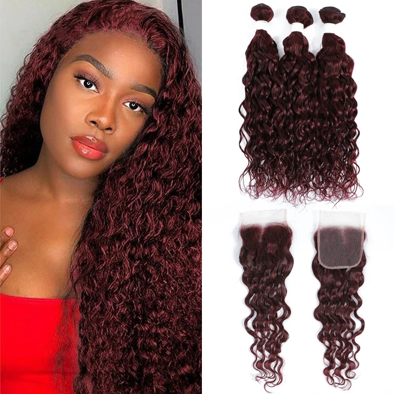 99J/Burgundy Red Brazilian Human Hair Bundles With Closure 4x4 Water Wave 3 Bundles With Closure Remy Hair Weave KEMY HAIR