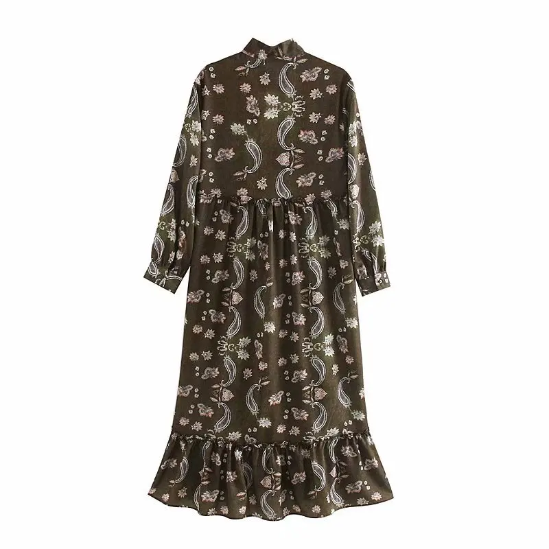 

Europe And America WOMEN'S Dress Autumn New Style Ethnic-Style Retro Flower Printed Bow-Accent Dress Versatile Elegant Long Skir