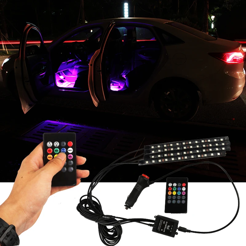 4 шт., автомобильный RGB светодиодный DRL светильник, атмосферная лампа, Автомобильный авто пульт дистанционного управления, внутренняя напольная декоративная гибкая светодиодная лента, противотуманная фара