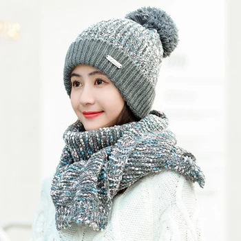 

HT2872 Winter Accessory Women Hat Scarf Set Thick Warm Beanie Hat and Scarf Skullies Beanies Female Knitted Hat Scarf Winter Set