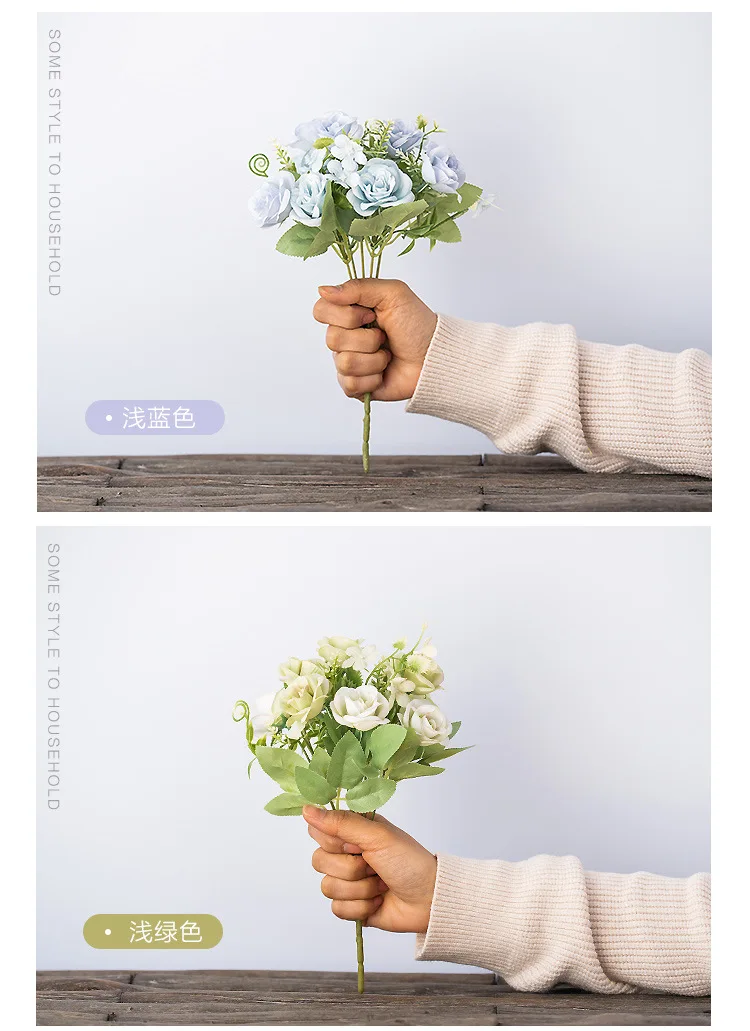 Nordic 10 Simulation Small Roses Artificial Bouquet Indoor Hotel Decoration Placed High Quality Plastic Silk Flower QW42 (8)