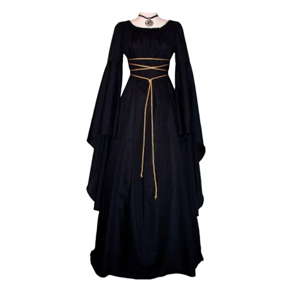 

Women Dress Polyester Medieval Mid Waist Crew Neck Party Solid Masquerade Costume Cosplay Halloween Long Sleeve Maxi Irregular