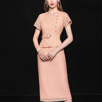 

Seifrmann Fashion Runway Summer Working Dress Women Square Collar Hollow Out sashes Solid High waist Ladies Lace Midi Dresses