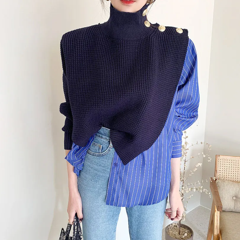 

Turtleneck Sweater Women Knitting Vest Splicing Striped Shirt New Fall 2020 Chic Pullover Korean Style Lady Blue Blusao Feminino