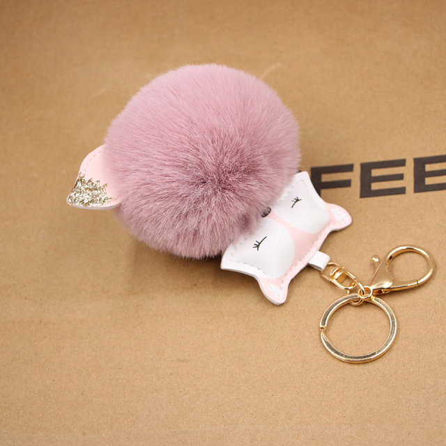 Ball Keychain Charm Key Ring Cute Leather Fox Keyring Plush Fluffy Pompom Faux Rabbit Fur Ball Bag Car Key Charms Accessory