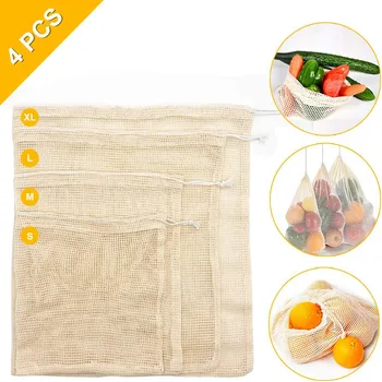 

4PCS Reusable Ecological Bags Set for Fruit Vegetable Zero-waste Mesh Popular Cotton Eco friendly Biodegradable Products