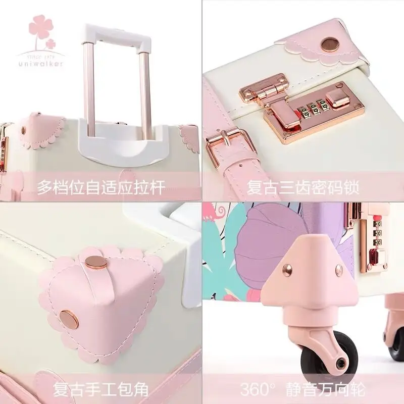 PU Leather Suitcase New Cute Cartoon PU Travel Bag Rolling Luggage sets,20"24"26"inch Women Retro Trolley Suitcase with handbag on Universal Wheels