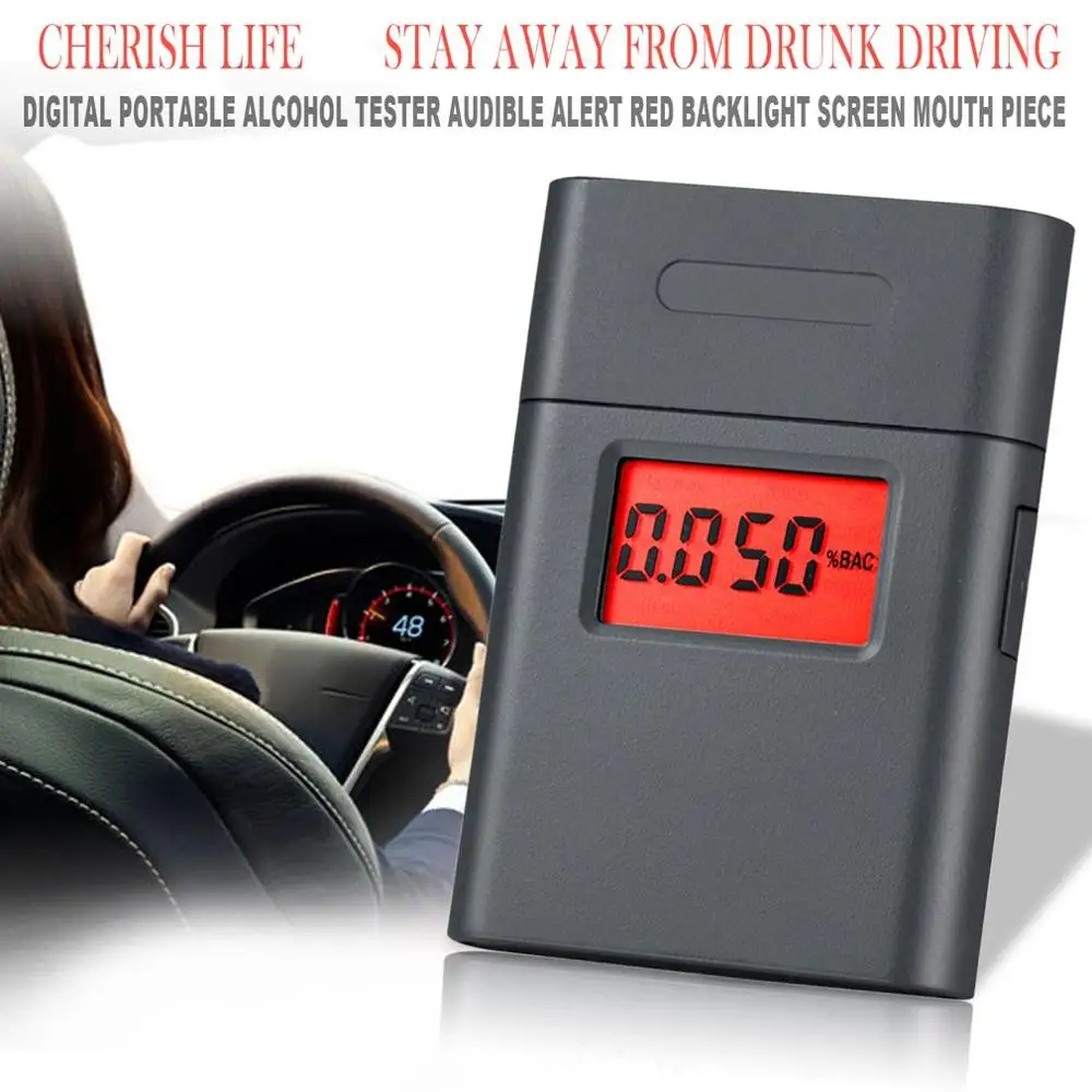 Digital Portable Alcohol Tester Small Square Shape Audible Alert Red Backlight Screen Mouth Piece Quick Response And Resume