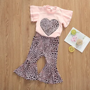 

Elegant 1-6Y Summer Lovely Baby Girls Clothes Sets Heart Leopard Print Short Ruffles Sleeve T Shirts Tops Flare Pants Outfits