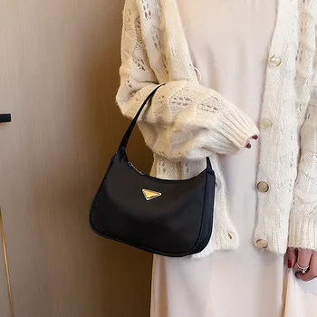 

Youth Ladies Simple Versatile Baguette Bags Women Black Casual Nylon Handbags Purse Ladies Solid Color Zipper Totes Shoulder Bag