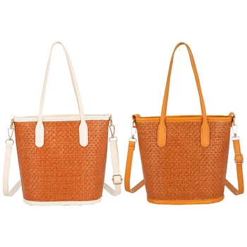 

2 Pcs Fashionable Ladies Hand-Woven Straw Bag Leisure Holiday Beach Bag Shoulder Diagonal Bag, White & Brown