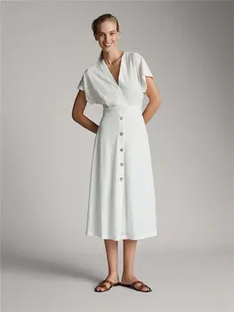 

2020 Spring Summer Women's Linen Cotton Holiday V-neck White Waist Slim Button Dress Long Skirt M4