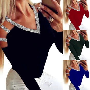 

2020 Winter Spring Cotton Autumn Sexy Sequins Hole Hollow Out Women Shirt Slim Long Sleeve Elegant Tops Tee Casual Sexy Shirts