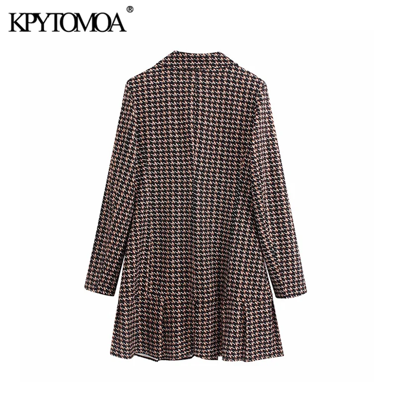 Goedkoop Vintage Stijlvolle Double Breasted Houndstooth Pak Stijl Mini Jurk Vrouwen 2020 Fashion Lange Mouwen Pleats Vrouwelijke Jurken Vestido