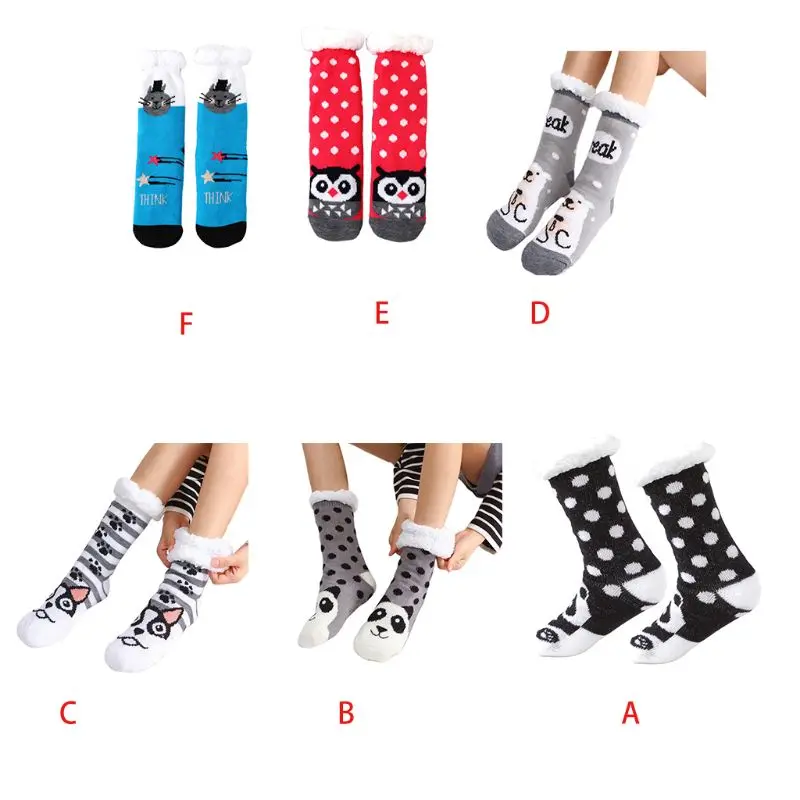 Women Winter Thick Warm Fuzzy Lined Slipper Sock Cartoon Animal Non-Skid Hosiery