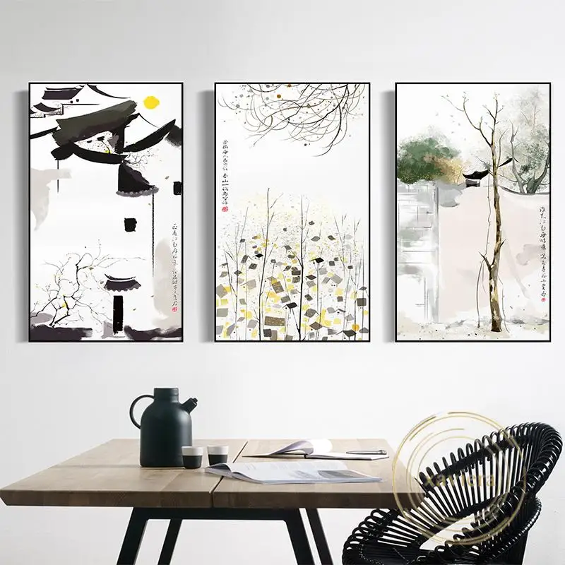 

Chinese Landscape Vintage Architectural Posters and Prints Abstract Trees Wall Art Canvas Painting Home Decoration Living Room