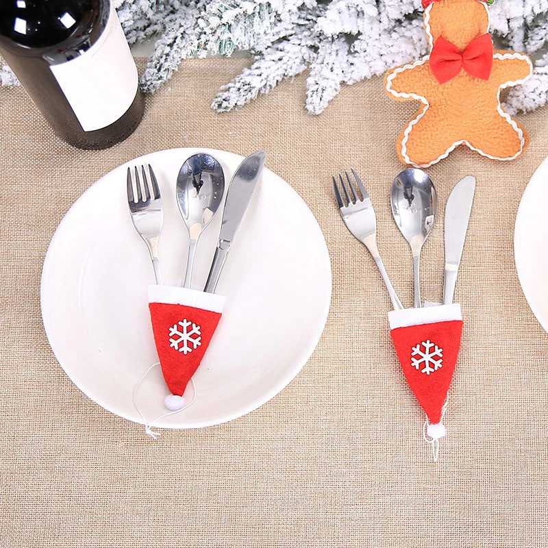 

10 Pcs Christmas Table Decoration Cutlery Set Cap Spoon Fork Snowflake Small Hat cute adorable Xmas decor dinner table fork