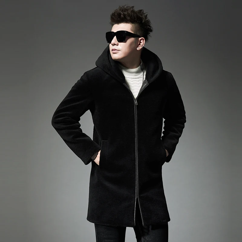 Новое поступление, зимняя высококачественная шерстяная Мужская куртка, повседневная мужская шуба с капюшоном, длинный Тренч, мужской размер L-4XL