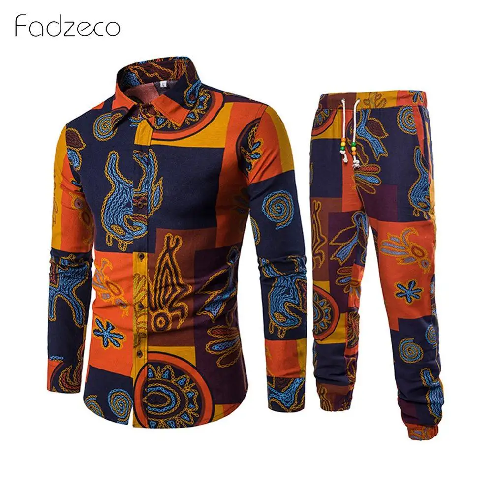 Fadzeco рубашка в африканском стиле комплект с отворотом шеи размер плюс мужской рубашки этнический принт Дашики модная повседневная футболка рубашка в африканском стиле для мужчин - Цвет: Orange