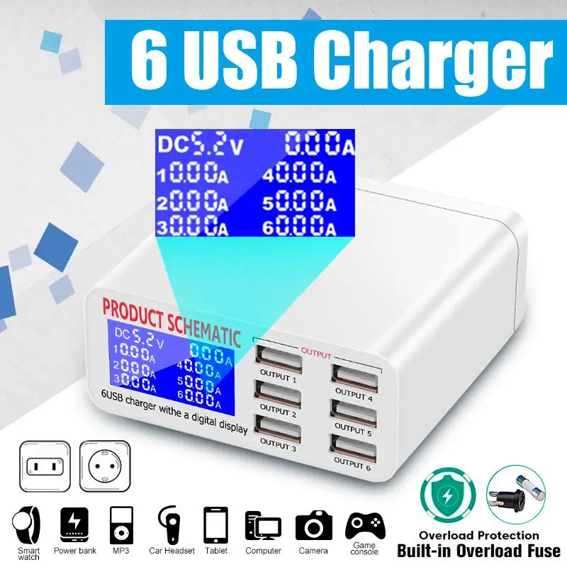 

Intelligent 6 USB Port Charger Station 60W 8A LCD Display Fast Charging Phone Tablet USB Charger For iPhone Samsung Adapter