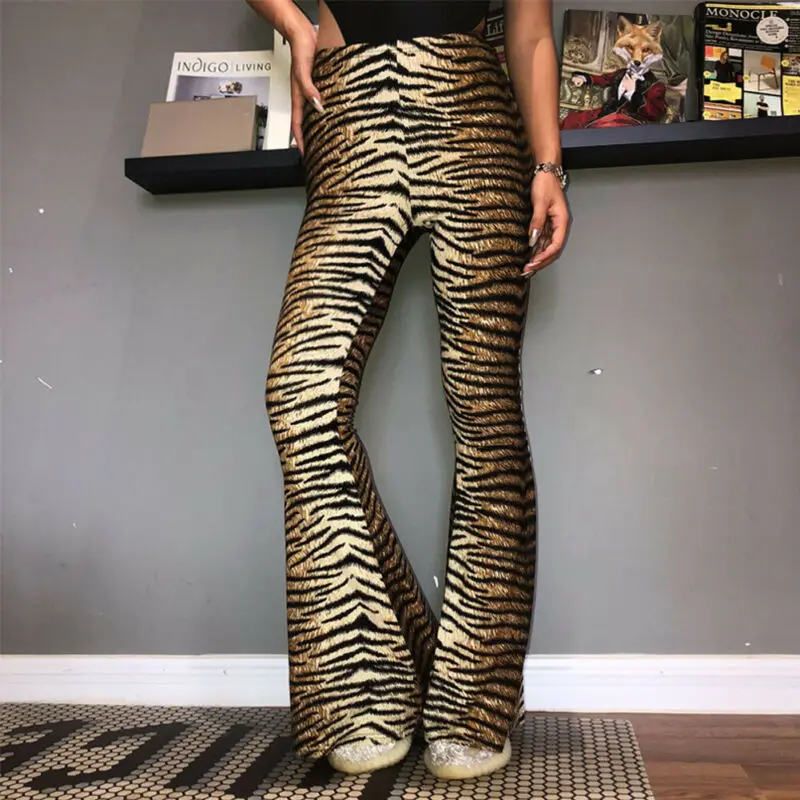 Women Casual Bell Bottoms Leopard Print High Waist Wide Leg Pants Flare  Trousers