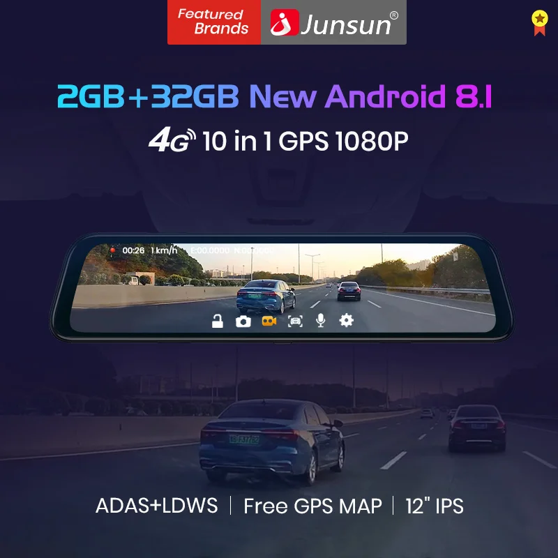 Junsun A102 ADAS 4G Android8.1Автомобильный видеорегистратор с зеркалом заднего вида Wi Fi FM