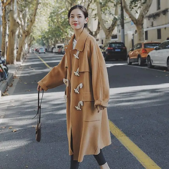 Japan Style Women Horn Buckle Jacket Vintage High Quality Loose Coat Long Girl Coat