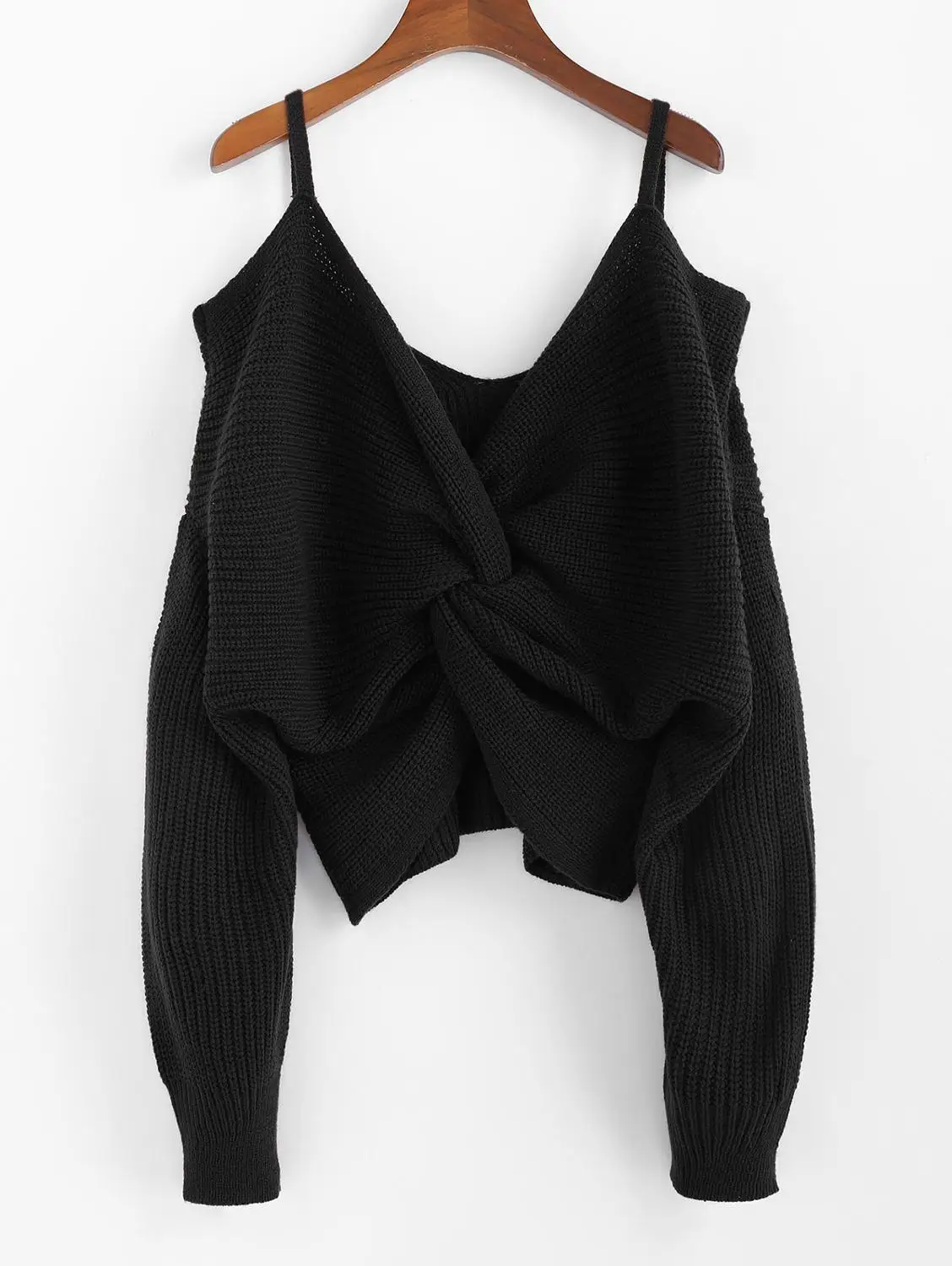 ZAFUL Twisted Cold Shoulder Jumper Sweater Women Pullovers 2019 Winter Warm Sexy Sweaters V-neck Solid Cotton Sweaters Female