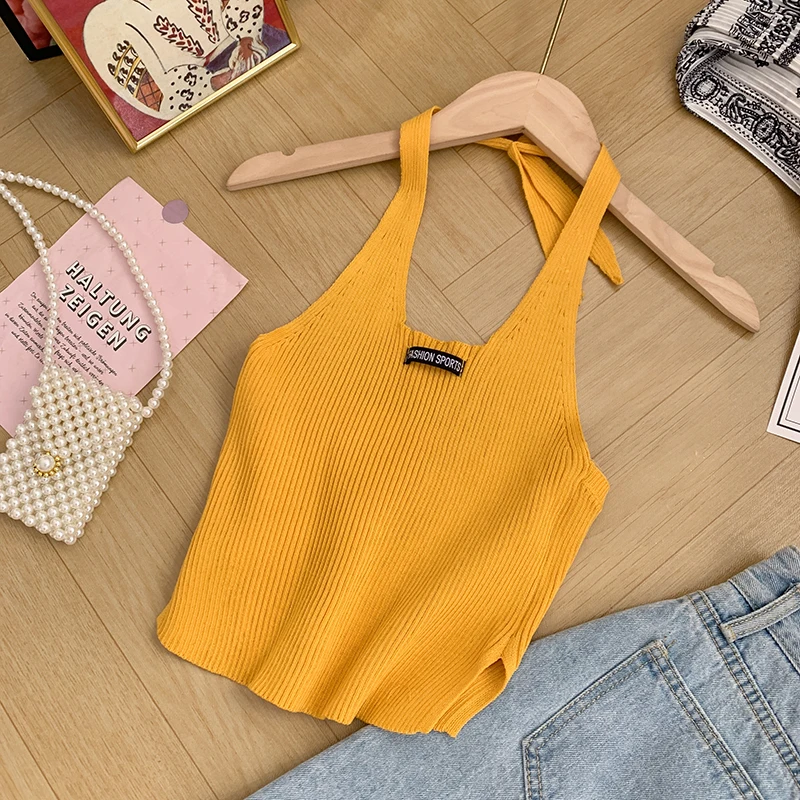 white bra Pearl Diary Women Halter Neck Tied Back Knit Tops Summer Solid Knitting Backless Sexy Side Slit Rib Tops Ins Sleeveless Tanks sexy camisole